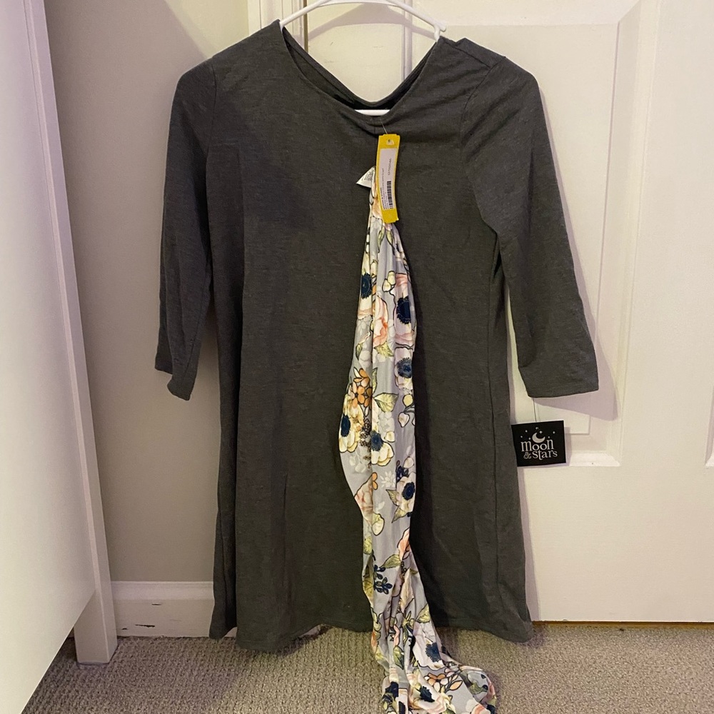 Gray Dress with Floral Scarf